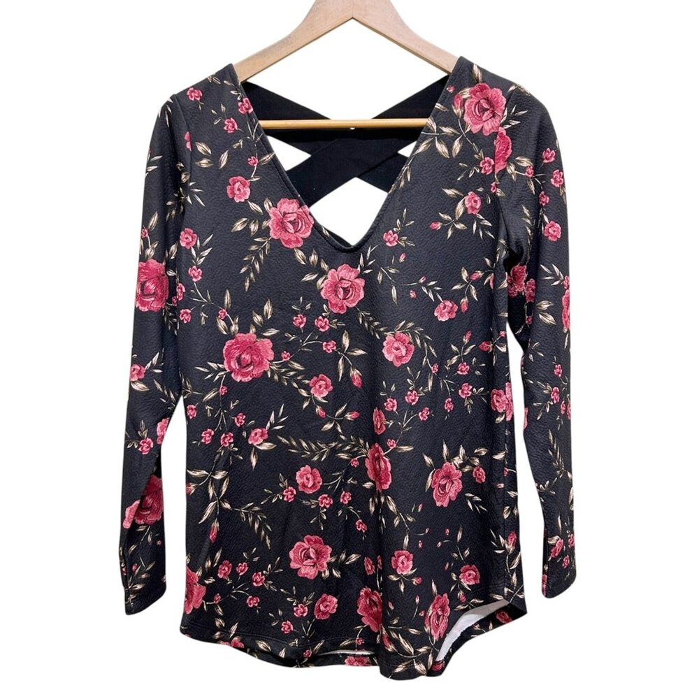 Dynamite Black Rose Floral Long Sleeve V-neckline Top Size M